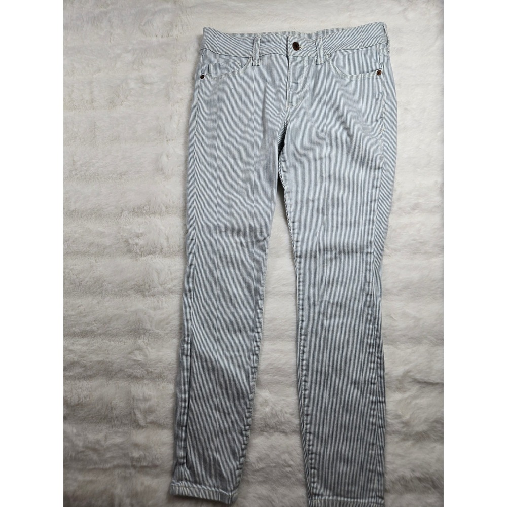 Pilcro Anthropologie Mid-Rise Skinny Jeans Blue White Ticking Stripe Naurical 28